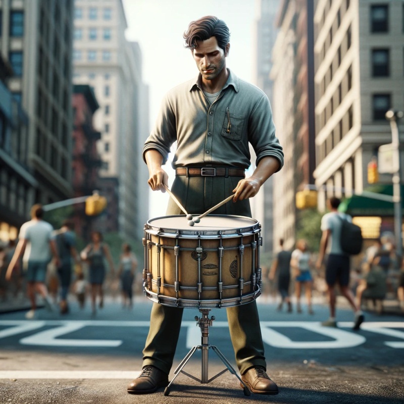 Музыкант играет на барабане на улице