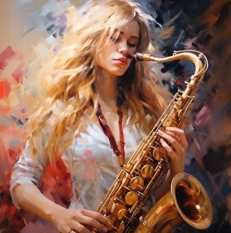Девушка играет на саксофоне