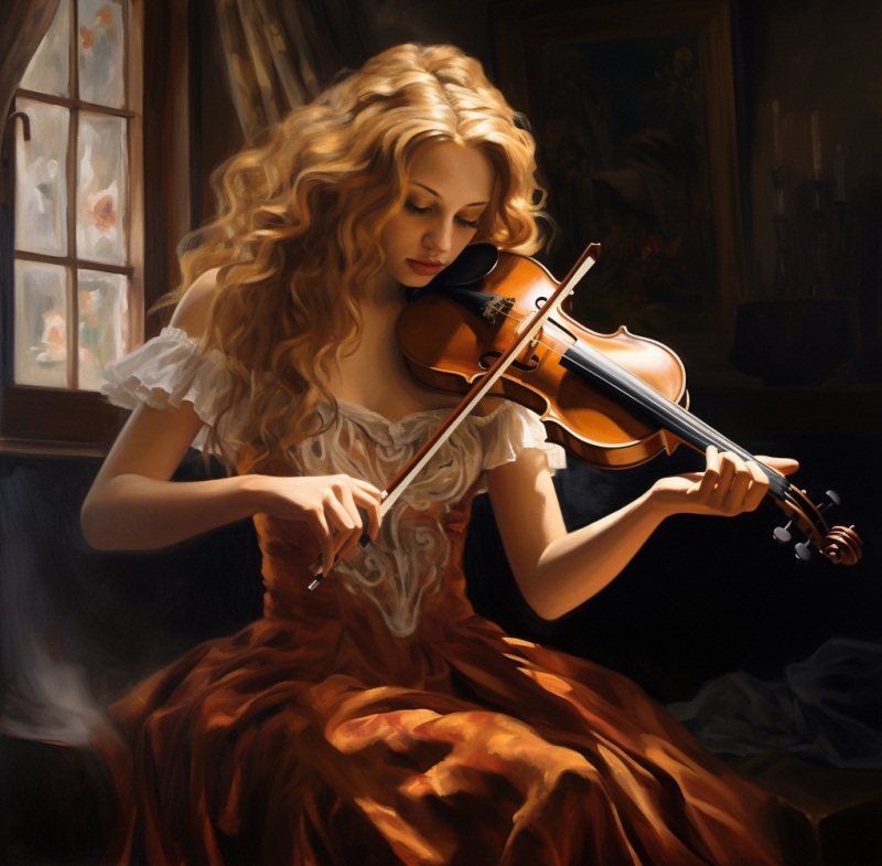 Девушка играет на скрипке дома